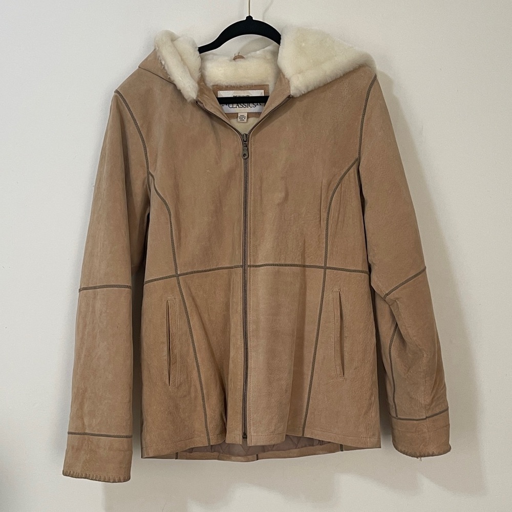 ☀️Vintage NewYork Classics Leather hooded Penny Lane style jacket size Large Y2K